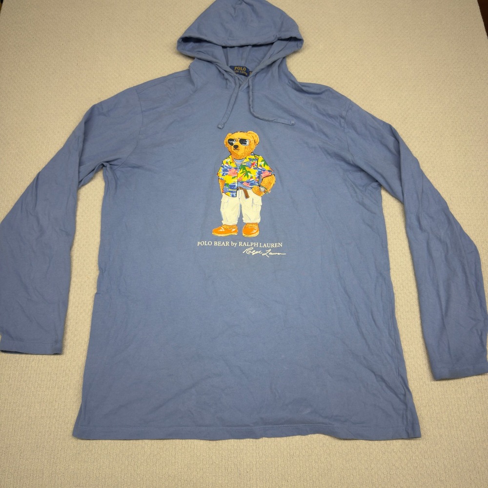 Polo Bear Ralph Lauren Hoodie Mens XLT Blue Cotton Tropical Vacation Pullover